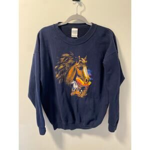 Vintage Ultra Blend Navy Equestrian Horse Crewneck Pullover-Size L